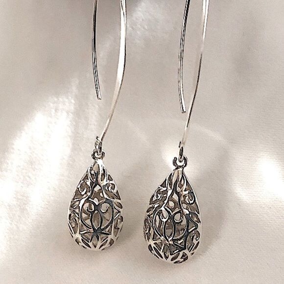 VINTAGE Sterling Silver Drop Filigree Scroll Cutout Dangle Earrings - Picture 5 of 7